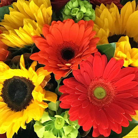 Bring the sunshine indoors with this cheerful Eco-box arrangement of gerbera's, sunflowers and roses to make any one's day a little bit brighter.